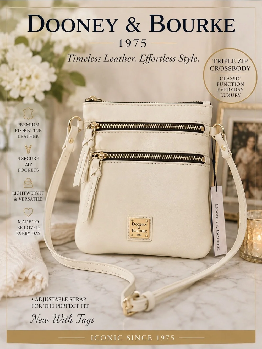 Dooney & Bourke Cream Triple-Zip Leather Crossbody
